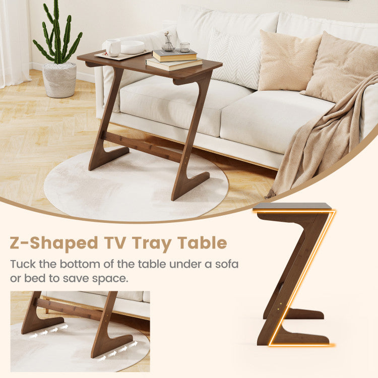 Bamboo Z-Shaped Spacious Sofa Side Table with Space-Saving Tabletop