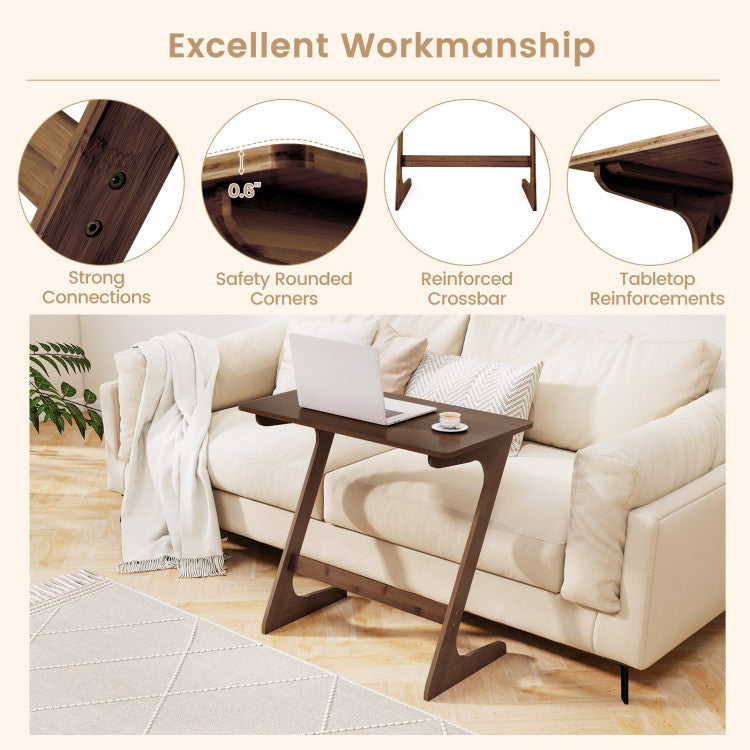 Bamboo Z-Shaped Spacious Sofa Side Table with Space-Saving Tabletop