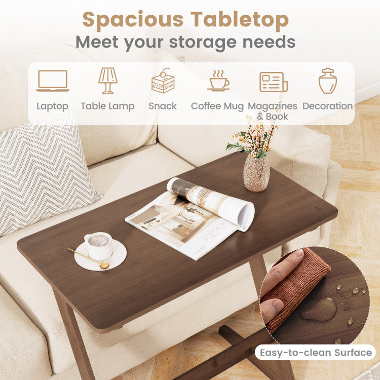 Bamboo Z-Shaped Spacious Sofa Side Table with Space-Saving Tabletop