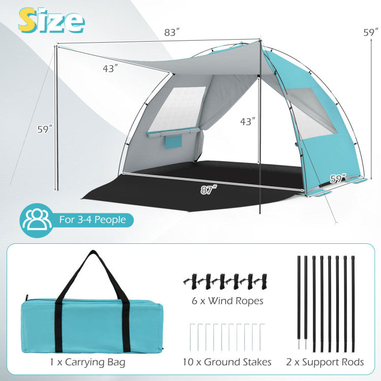 Beach Tent Sun Shelter with Canopy with Extended Floor and Vent Windows