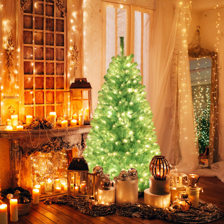 6/7 FT Blue Artificial Christmas Tree with 280/380 Warm White LED Lights and Foldable Metal Stand
