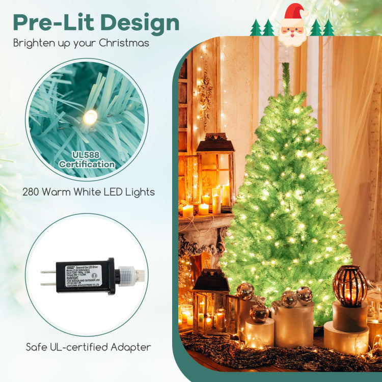 6/7 FT Blue Artificial Christmas Tree with 280/380 Warm White LED Lights and Foldable Metal Stand