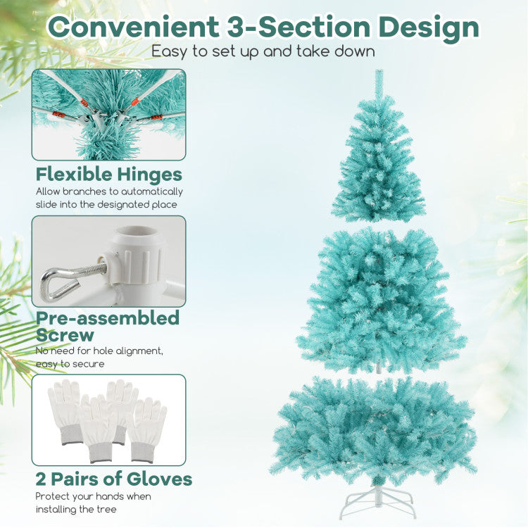 6/7 FT Blue Artificial Christmas Tree with 280/380 Warm White LED Lights and Foldable Metal Stand