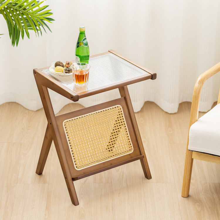 Boho End Table with Magazine Rack and Tempered Glass Top