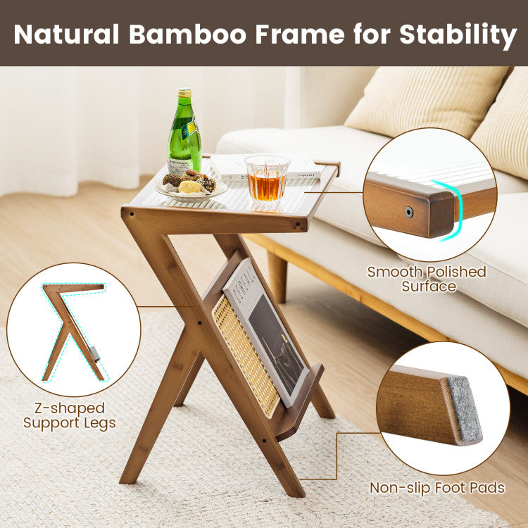 Boho End Table with Magazine Rack and Tempered Glass Top