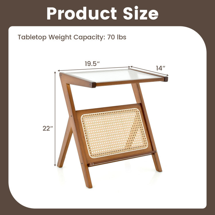Boho End Table with Magazine Rack and Tempered Glass Top