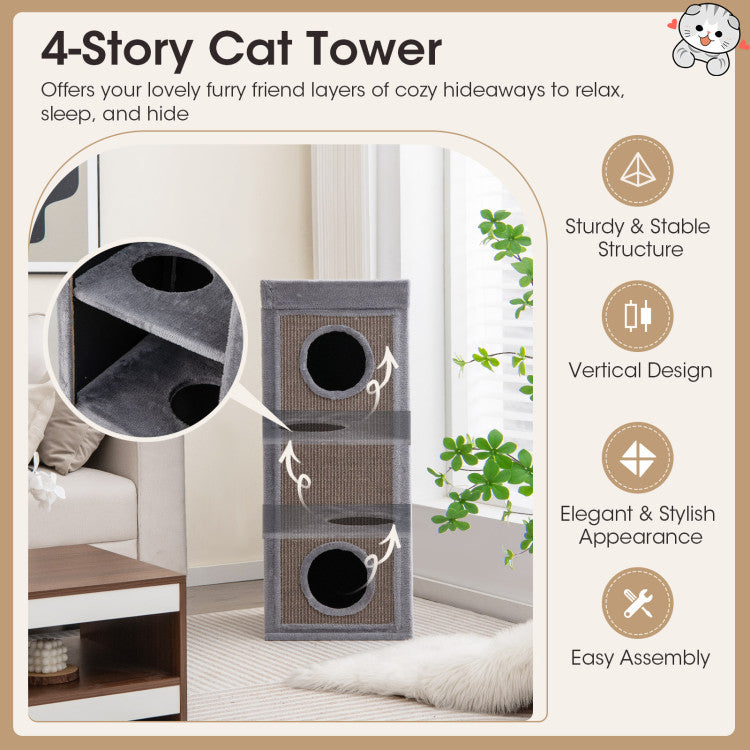 39 Inch Tall Cat Condo with Scratching Posts and 3 Hideaways and 4 Soft Plush Cushions