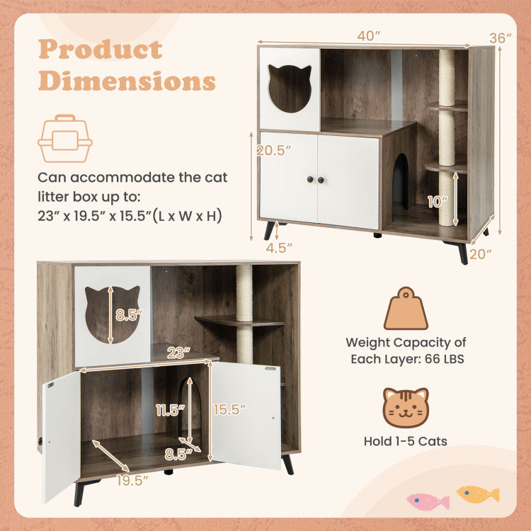 Cat Litter Box Enclosure with 3 Sisal Scratching Posts for Indoor Cats