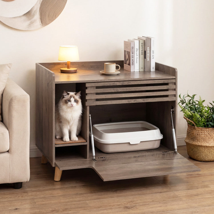 Cat Litter Box Enclosure with Flip-down Opening Door and Scratching Mat