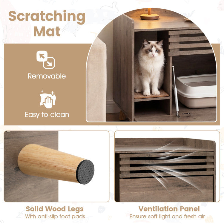 Cat Litter Box Enclosure with Flip-down Opening Door and Scratching Mat