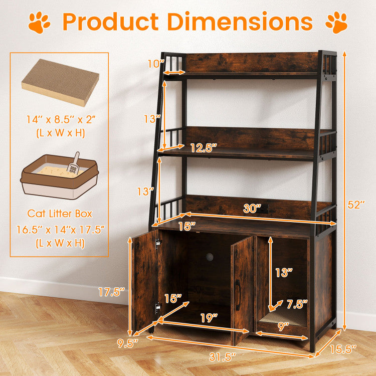 Cat Litter Box Enclosure with Storage Shelves and Scratching Pad