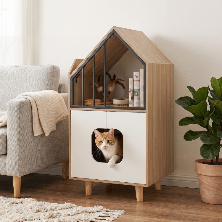 Cat Litter Box Enclosure with Shelf and 2 Doors Wooden House-Shaped for Indoor