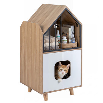Cat Litter Box Enclosure with Shelf and 2 Doors Wooden House-Shaped for Indoor