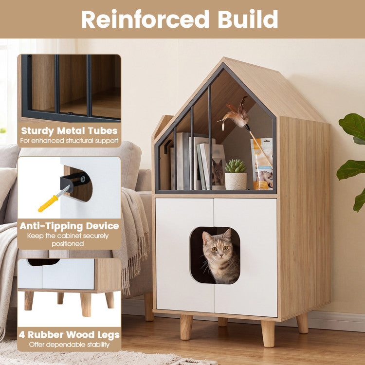 Cat Litter Box Enclosure with Shelf and 2 Doors Wooden House-Shaped for Indoor