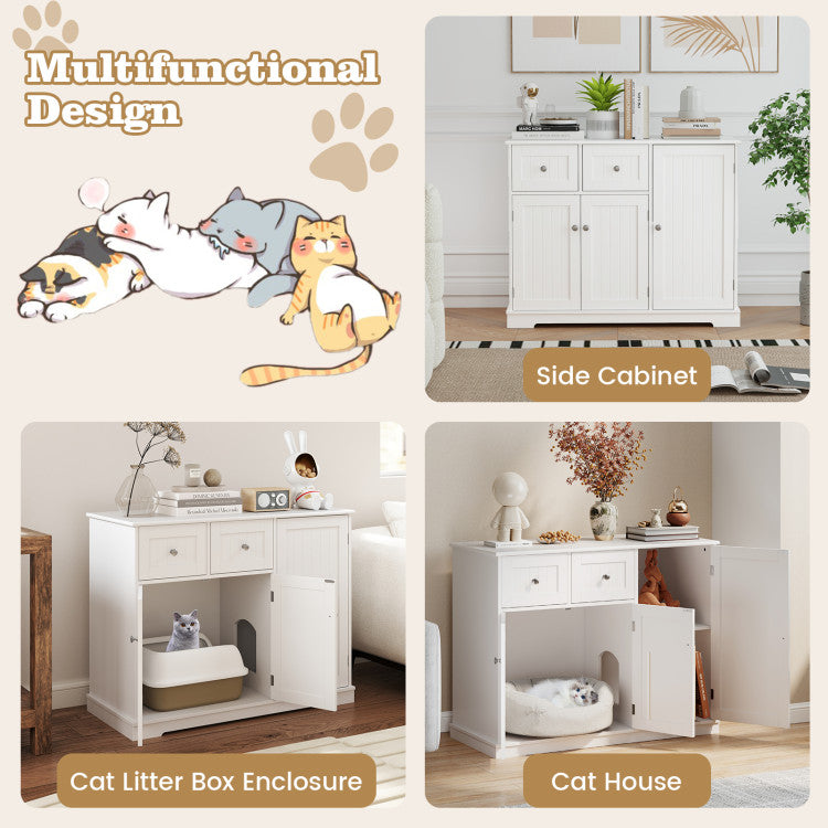 Cat Litter Box Enclosure with 2 Drawers and 3 Doors for Kittens and Adult Cats