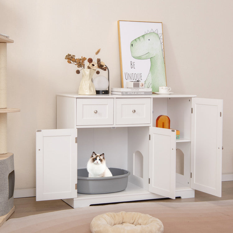 Cat Litter Box Enclosure with 2 Drawers and 3 Doors for Kittens and Adult Cats