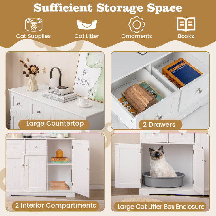 Cat Litter Box Enclosure with 2 Drawers and 3 Doors for Kittens and Adult Cats