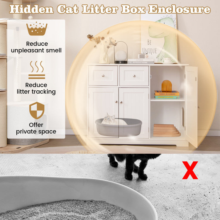 Cat Litter Box Enclosure with 2 Drawers and 3 Doors for Kittens and Adult Cats