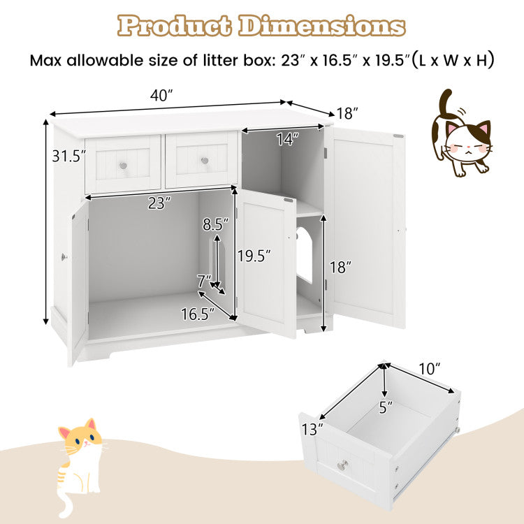 Cat Litter Box Enclosure with 2 Drawers and 3 Doors for Kittens and Adult Cats