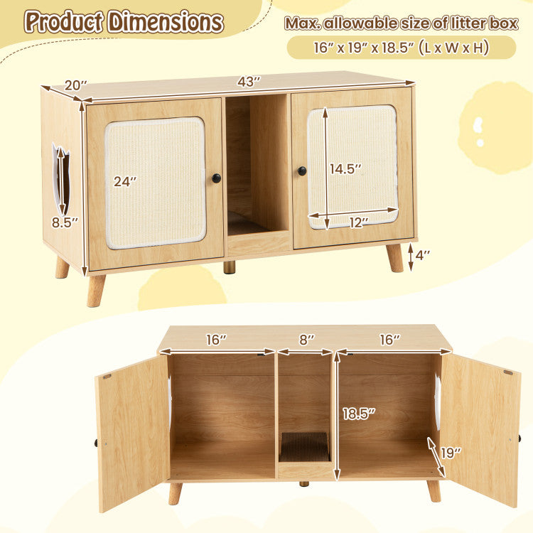 43 Inches Cat Litter Box Enclosure with Double Rooms and 2 Sisal Scratching Mats