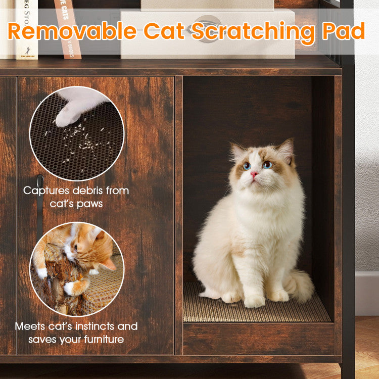 Cat Litter Box Enclosure with Storage Shelves and Scratching Pad
