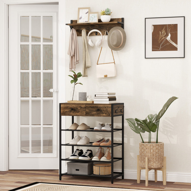Coat Rack Shoe Stand Set 5-Tier Shoe Rack with Wall-Mounted Coat Hanger