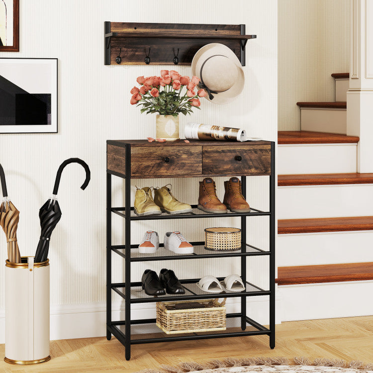 Coat Rack Shoe Stand Set 5-Tier Shoe Rack with Wall-Mounted Coat Hanger