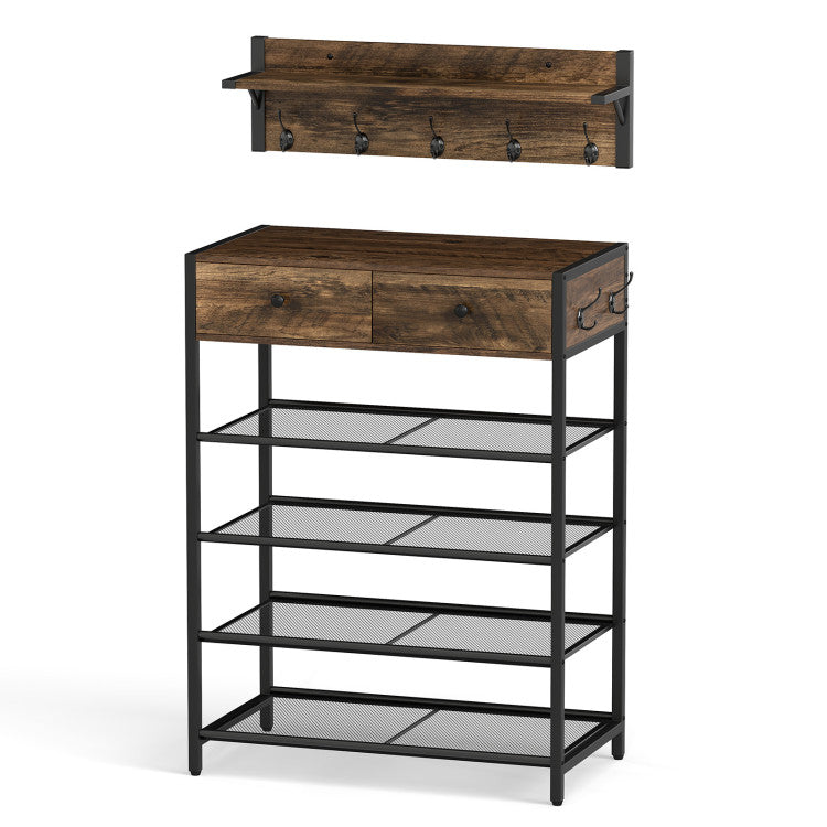 Coat Rack Shoe Stand Set 5-Tier Shoe Rack with Wall-Mounted Coat Hanger