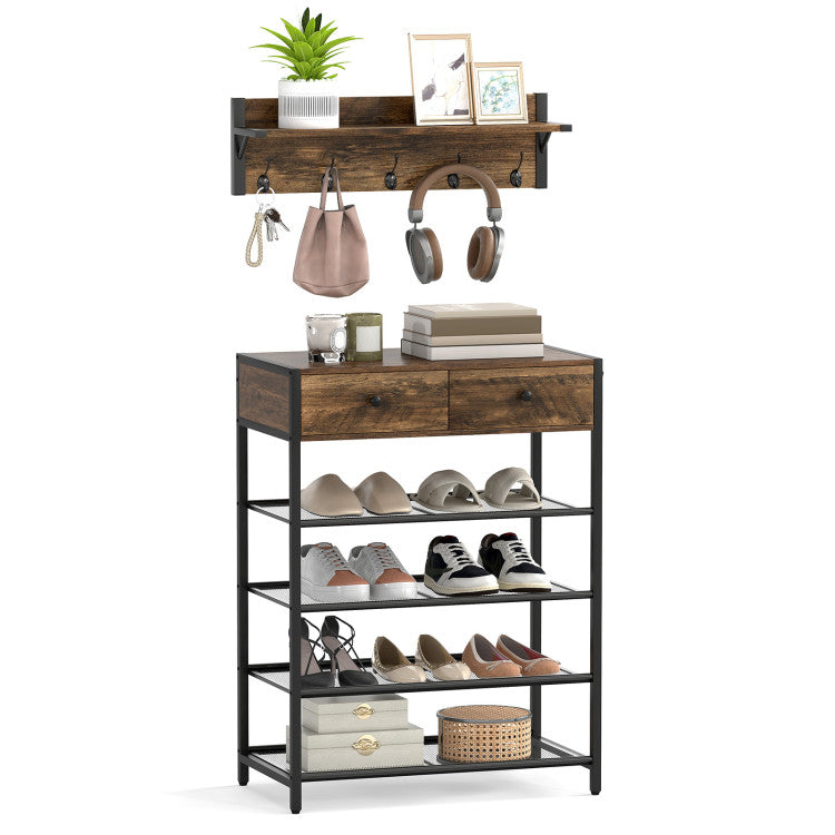 Coat Rack Shoe Stand Set 5-Tier Shoe Rack with Wall-Mounted Coat Hanger