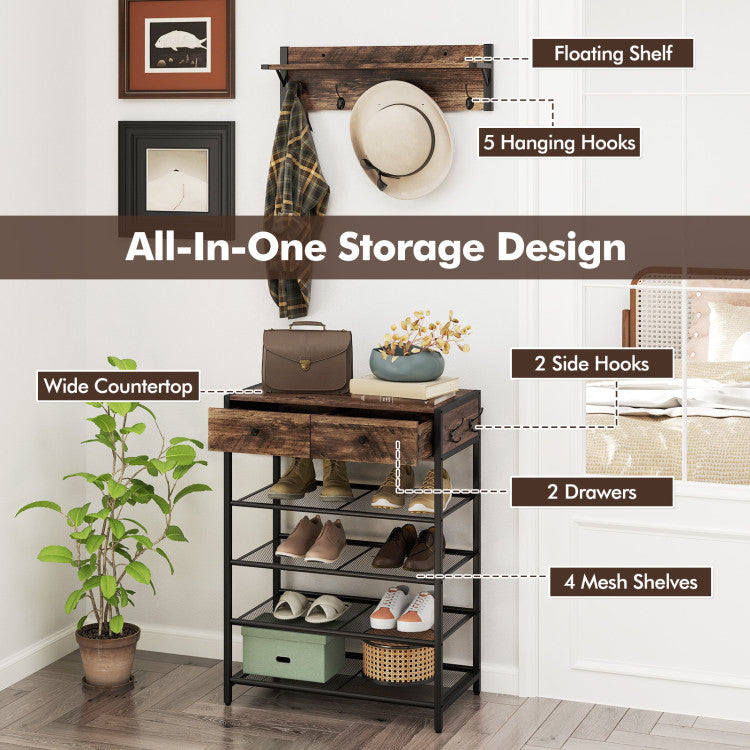 Coat Rack Shoe Stand Set 5-Tier Shoe Rack with Wall-Mounted Coat Hanger