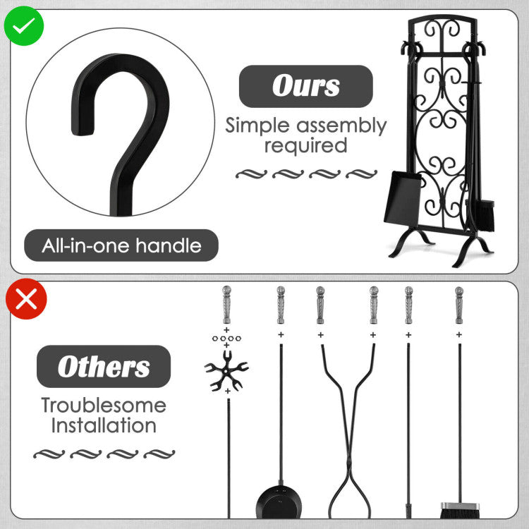 5 Piece Wrought Iron Fireplace Tools with Decor Holder