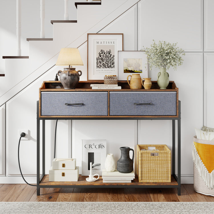 Console Table with Charging Station 110 cm Narrow Entryway Table with 2 Drawers and Shelves