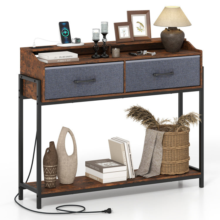 Console Table with Charging Station 110 cm Narrow Entryway Table with 2 Drawers and Shelves