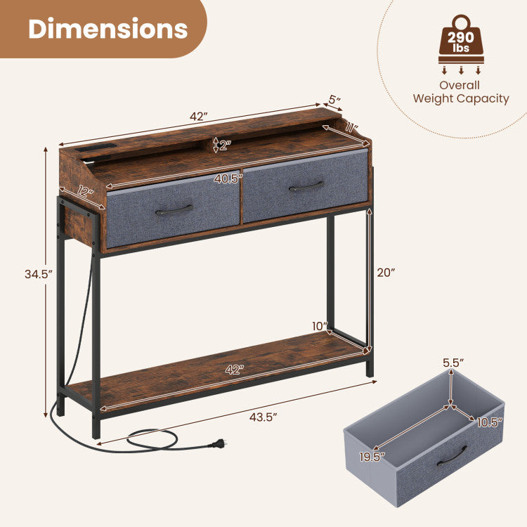 Console Table with Charging Station 110 cm Narrow Entryway Table with 2 Drawers and Shelves