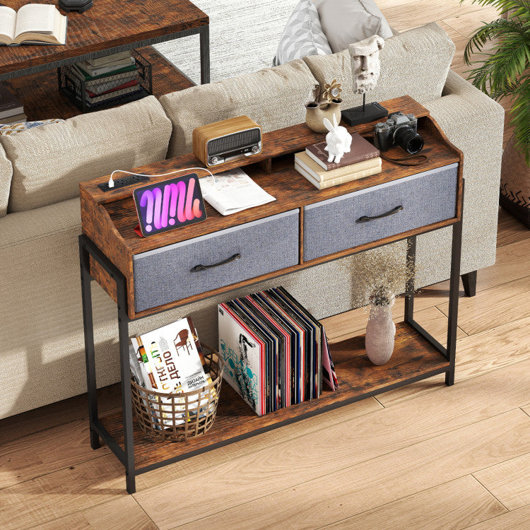 Console Table with Charging Station 110 cm Narrow Entryway Table with 2 Drawers and Shelves