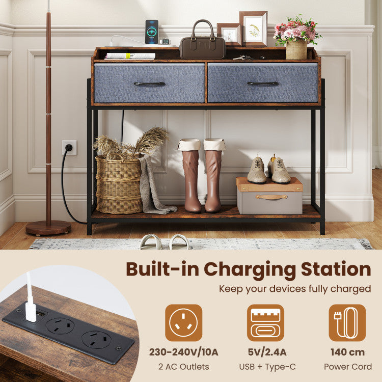 Console Table with Charging Station 110 cm Narrow Entryway Table with 2 Drawers and Shelves