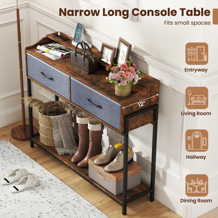 Console Table with Charging Station 110 cm Narrow Entryway Table with 2 Drawers and Shelves