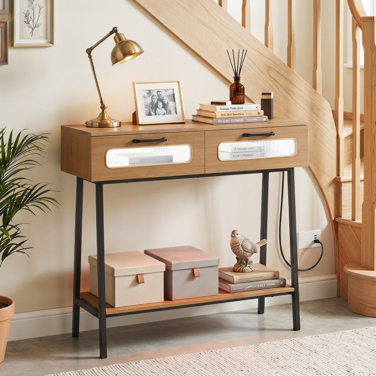 Console Table with LED Lights and Open Shelf for Hallway Entrance