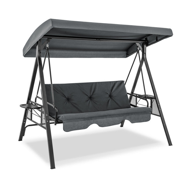 Convertible 3-Seat Patio Porch Swing Chair to Flat Bed with Adjustable Canopy