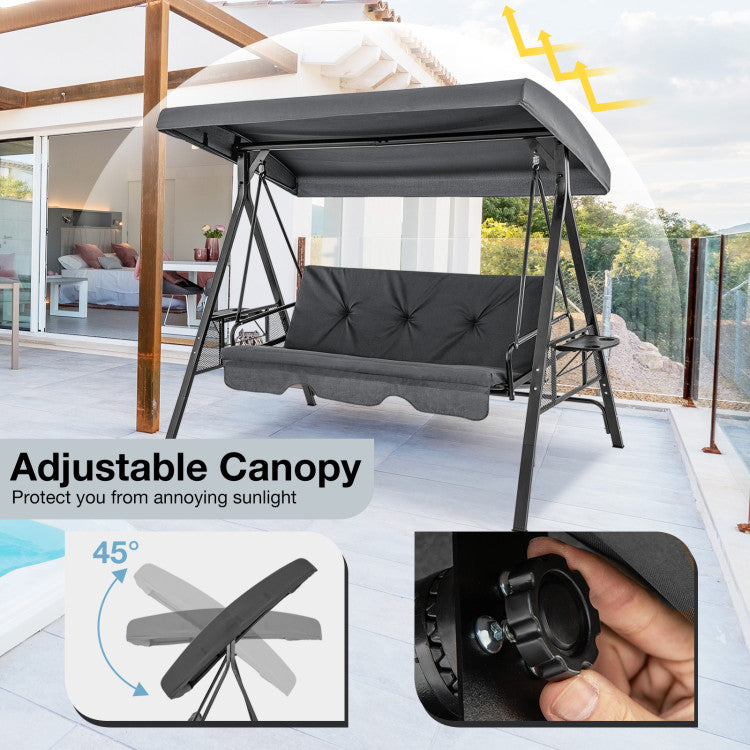 Convertible 3-Seat Patio Porch Swing Chair to Flat Bed with Adjustable Canopy