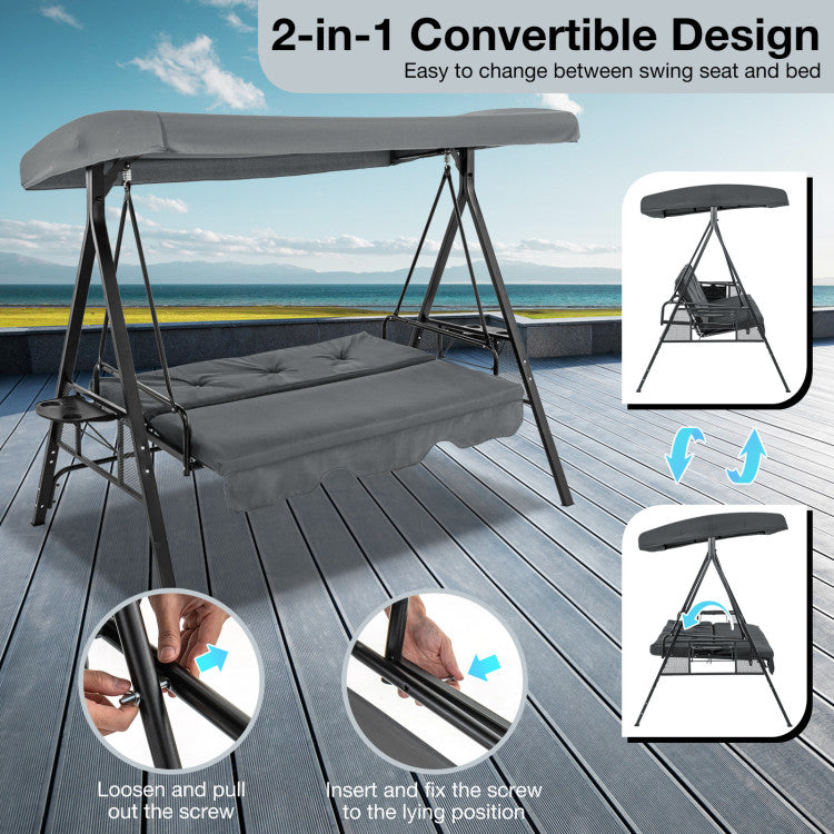 Convertible 3-Seat Patio Porch Swing Chair to Flat Bed with Adjustable Canopy