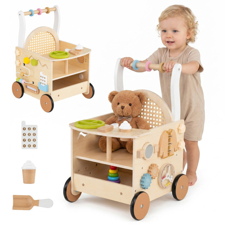 13-In-1 Toddler Wooden Push Walker with Wheels and Storage