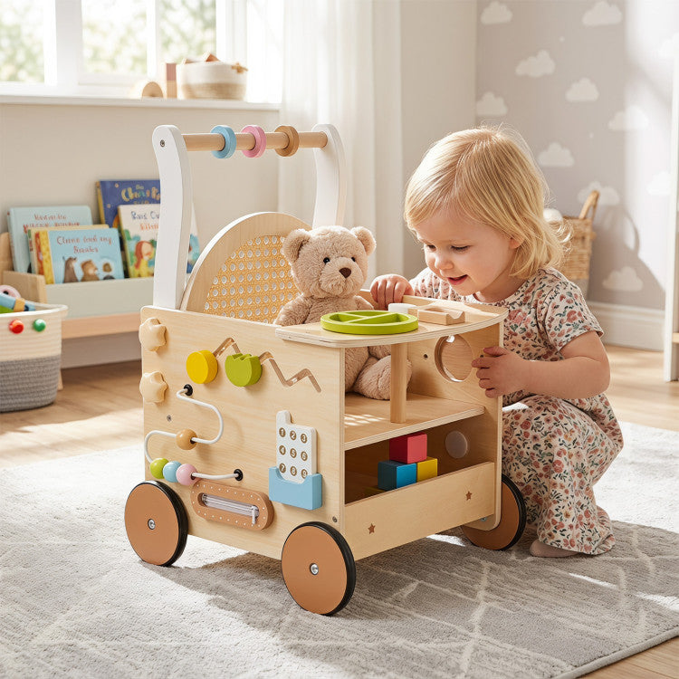 13-In-1 Toddler Wooden Push Walker with Wheels and Storage