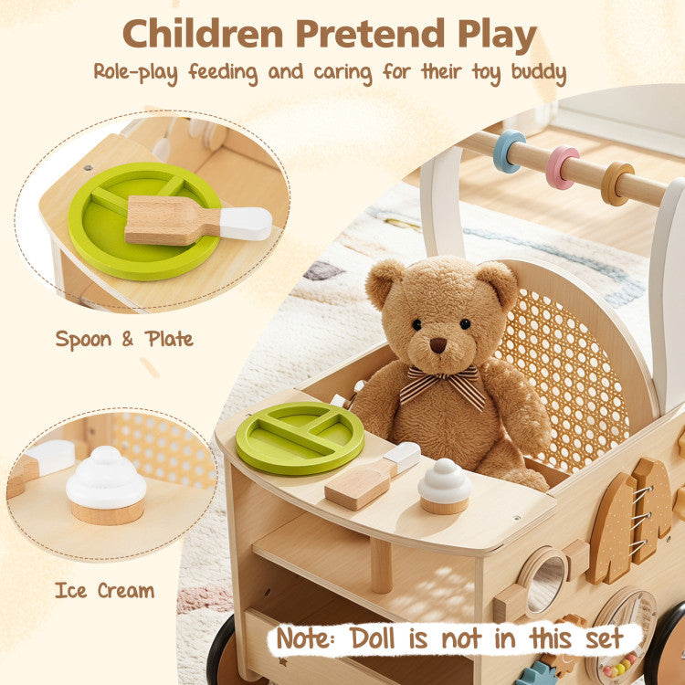 13-In-1 Toddler Wooden Push Walker with Wheels and Storage