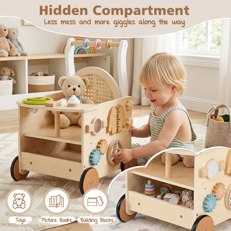 13-In-1 Toddler Wooden Push Walker with Wheels and Storage