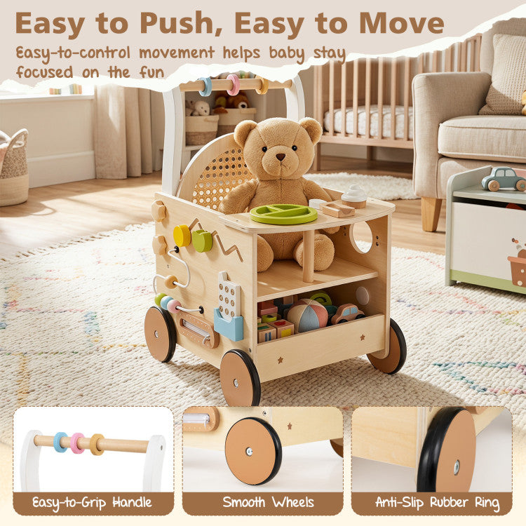 13-In-1 Toddler Wooden Push Walker with Wheels and Storage