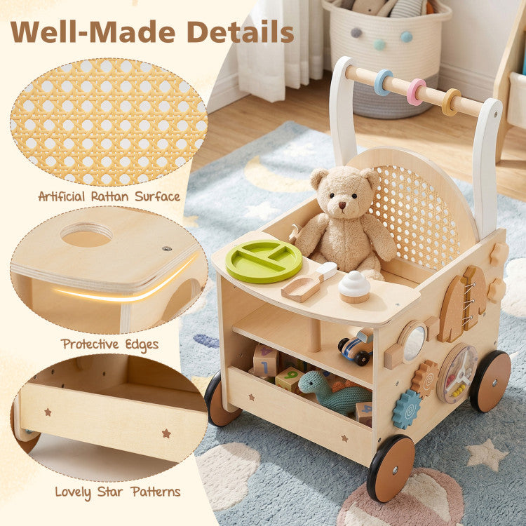 13-In-1 Toddler Wooden Push Walker with Wheels and Storage