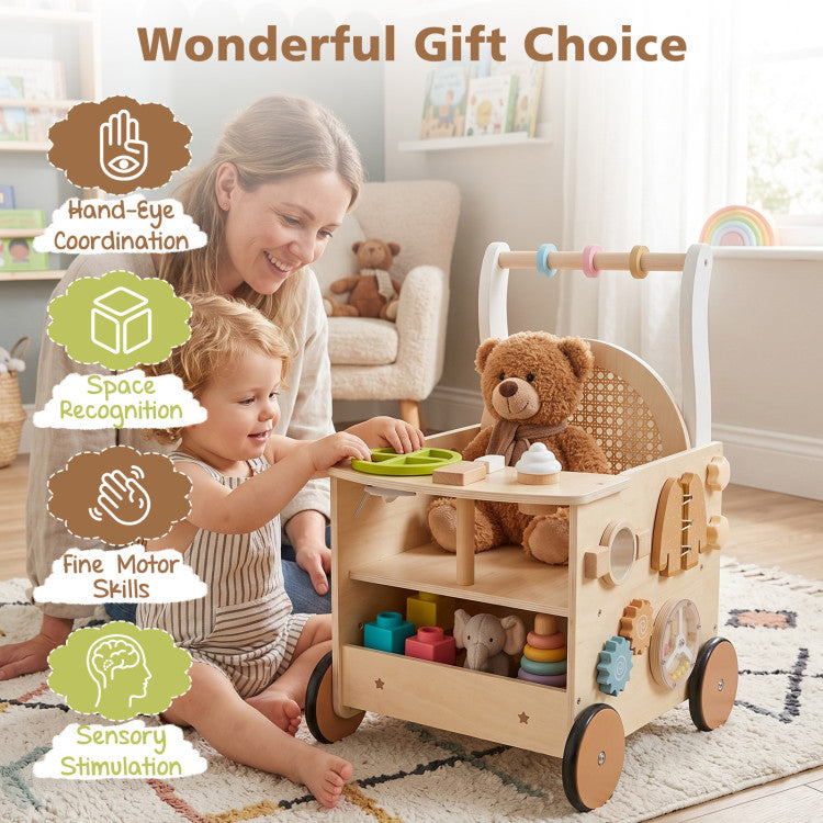 13-In-1 Toddler Wooden Push Walker with Wheels and Storage