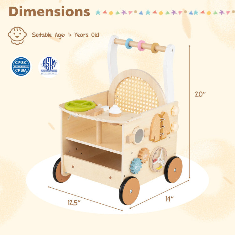 13-In-1 Toddler Wooden Push Walker with Wheels and Storage