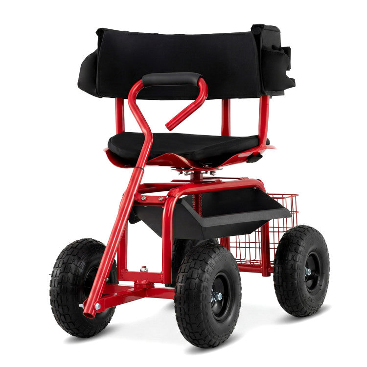 Cushioned Rolling Garden Cart Scooter with Storage Basket and Tool Pouch